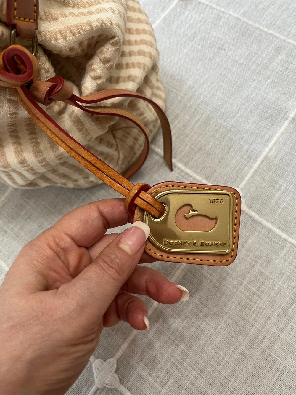 DOONEY&BOURKE VINTAGE Cream Tote with Brown Leather Straps and Navy Accents - Picture 2 of 10